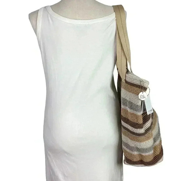 The Sak Mendocino Stripe Crochet XLarge Double Strap Zip Top Tote Vegan NEW Sand - Picture 6 of 11